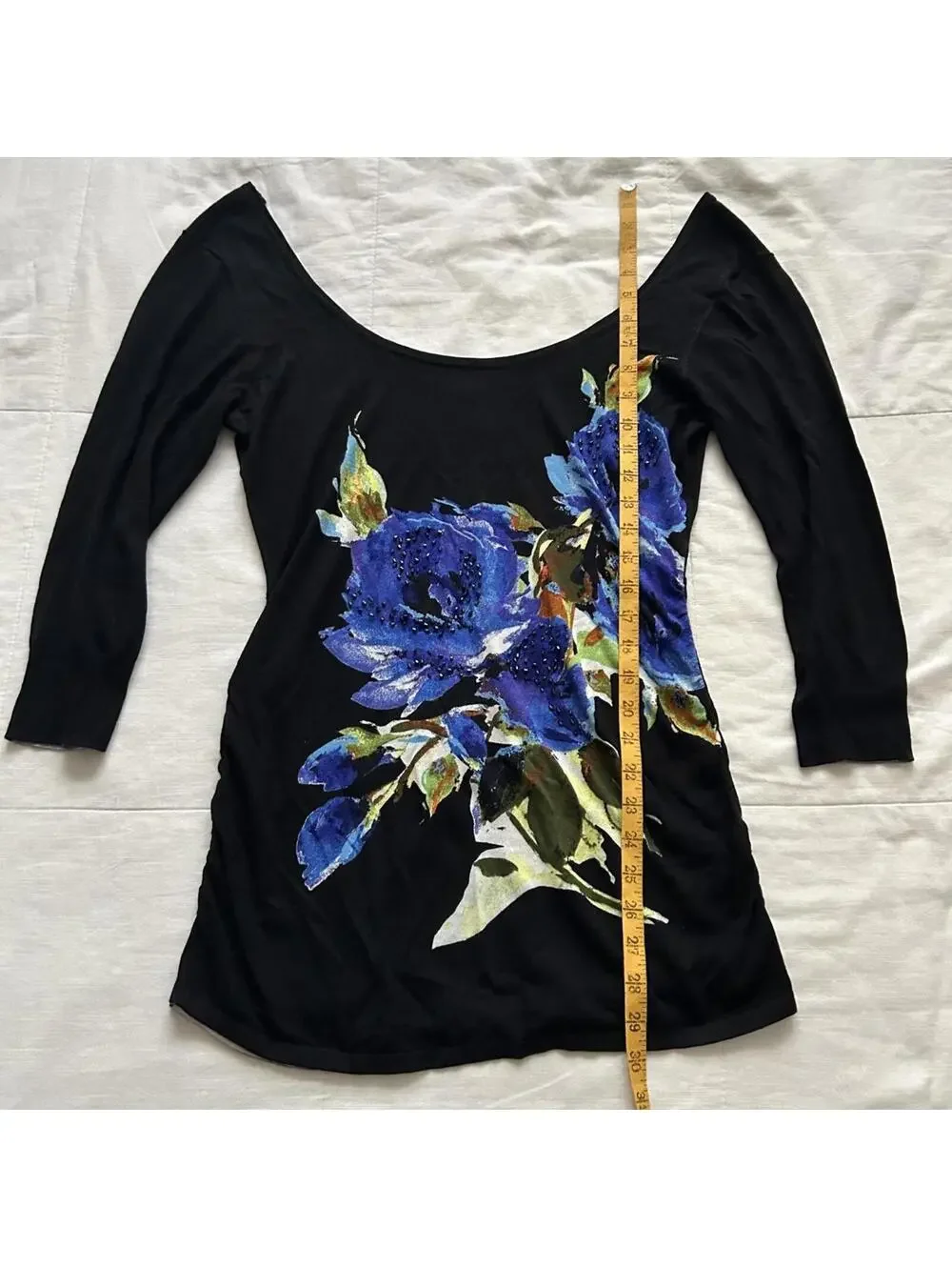 Y2K Cache Black Blue Rose Floral Beaded Off Shoulder Top Large - Picture 5 of 5